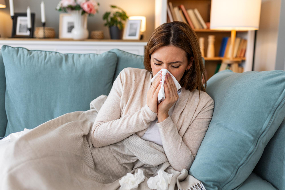 A woman sneezing into a tissue and sitting on a couch who needs an Immune System Booster in Sterling Heights.